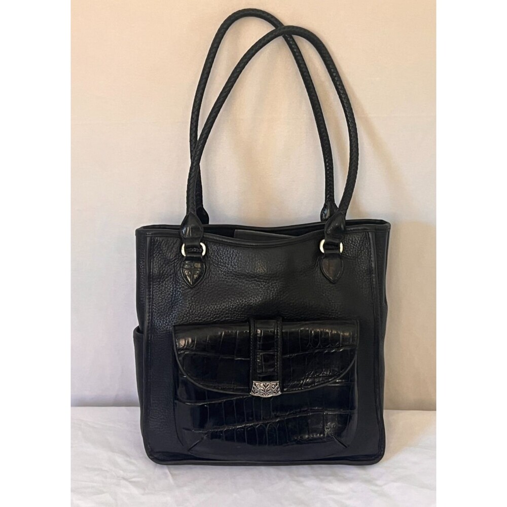 Vintage 90s Brighton Donna Black Leather Shoulder Bag Croc Pocket Braided Strap